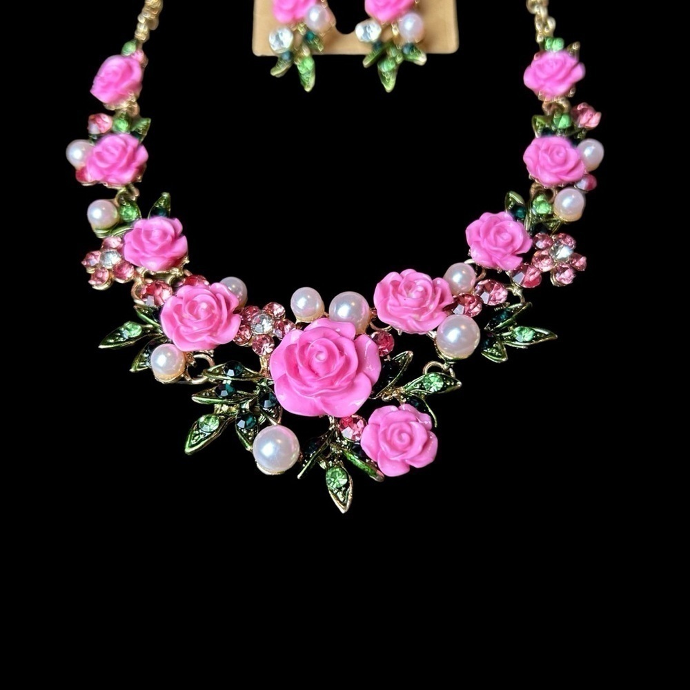 Pink Flower Rose Cluster Necklace Earring Set w/ Faux Pearl & Rhinestone Accents - Picture 14 of 15